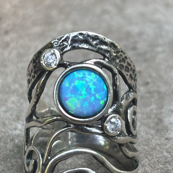 Vintage 925 Silver Blue Green Opal Ring Israel Signed - Picture 3 of 5